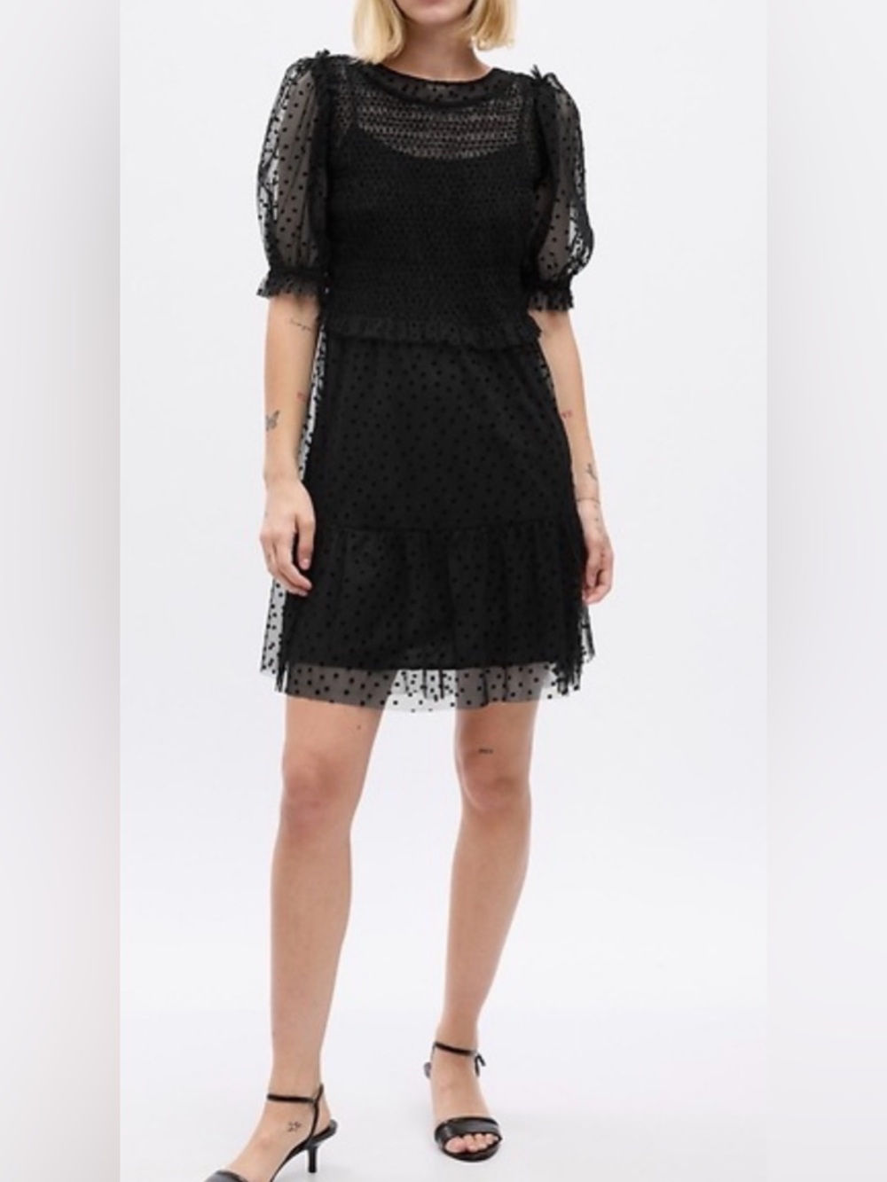 GAP Black Puff Sleeve Mesh Mini Dress Size Large